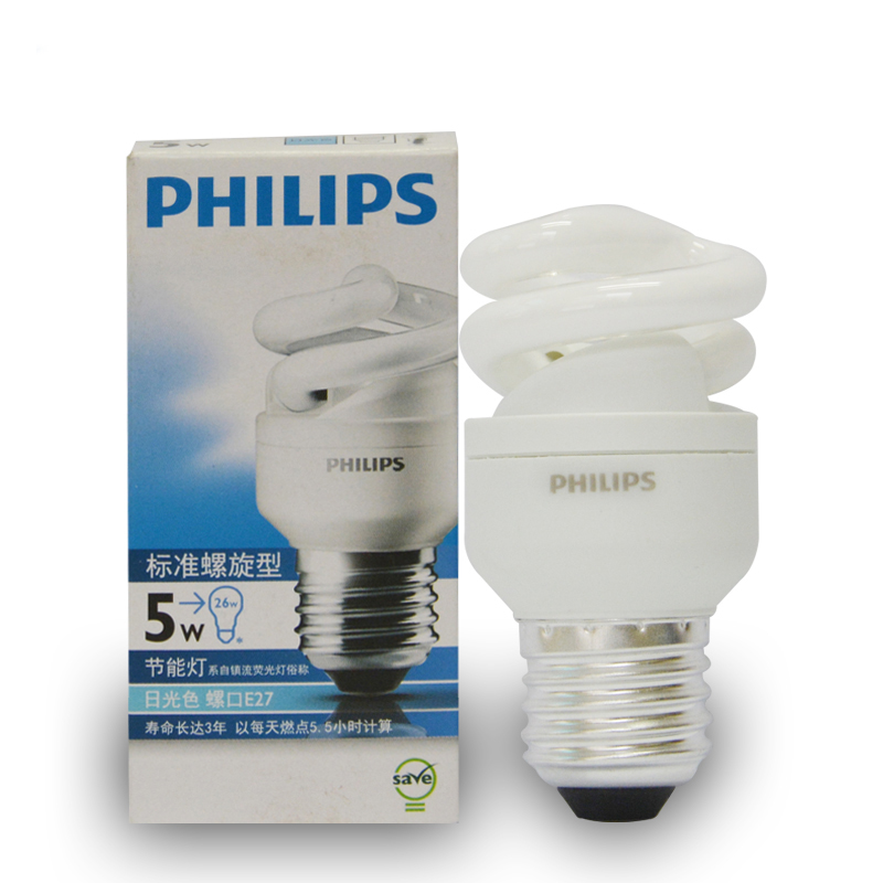 飞利浦（PHILIPS）5W/E27 全螺旋节能灯 日光色 1个装