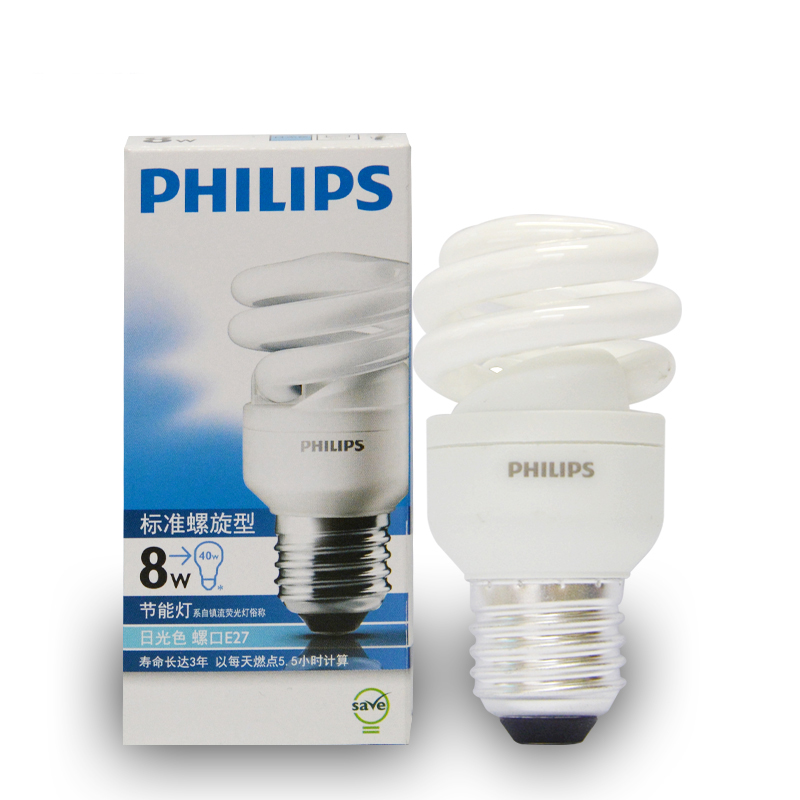 飞利浦（PHILIPS）8W/E27 全螺旋节能灯 白炽灯色 1支/盒